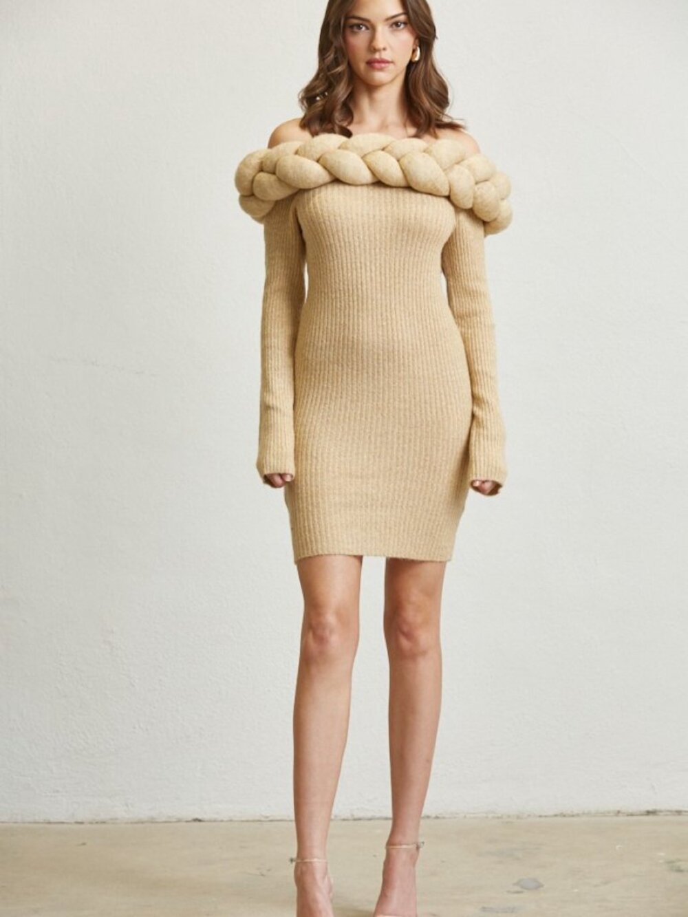 NWT Blithe Camille Off-Shoulder Braided Knit Dress Nude M